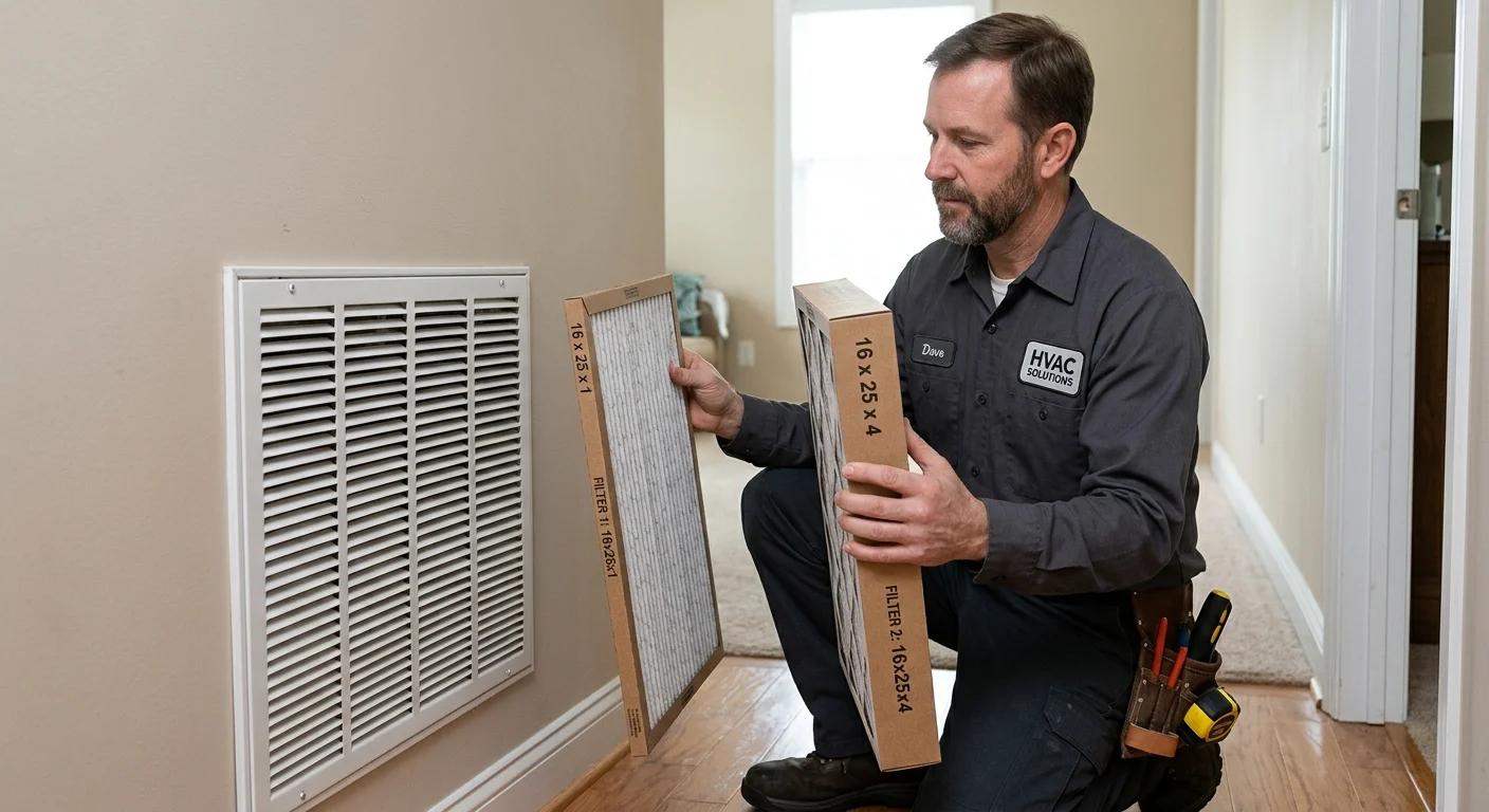 A homeowner comparing two HVAC filter depths beside a return grille