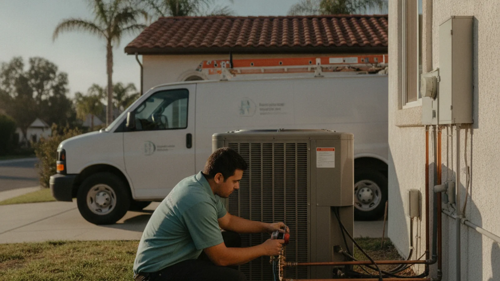 HVAC service van parked at a North County San Diego home with technician visible