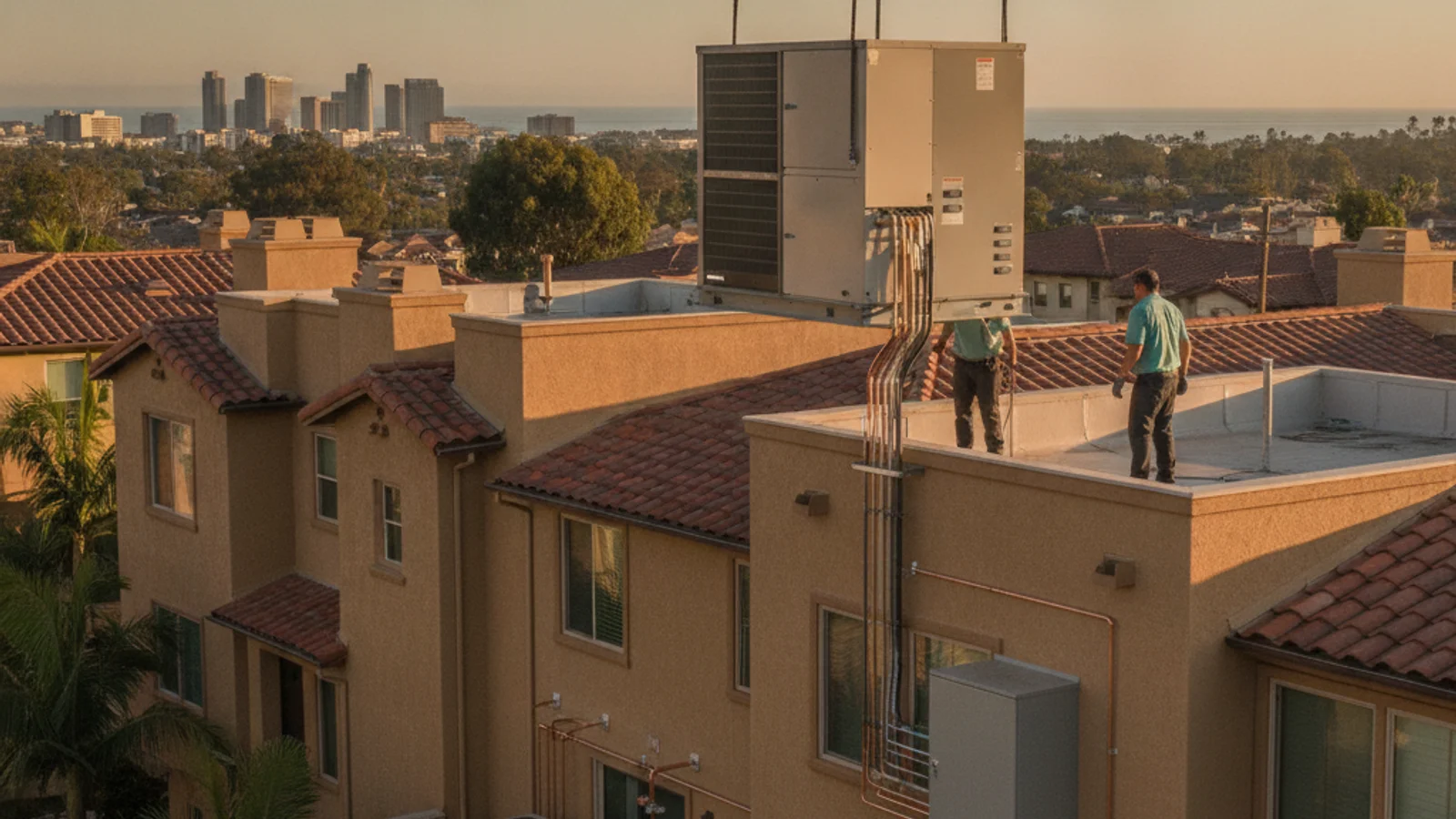 A San Diego townhouse with rooftop HVAC unit visible above a multi-story building during a new installation.