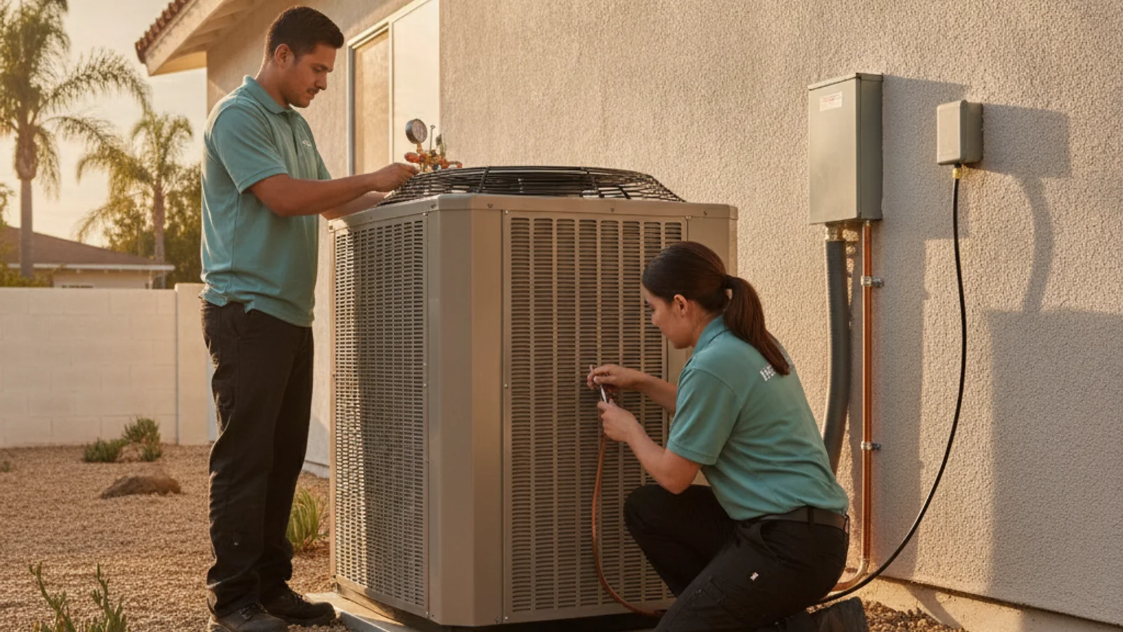 Two-stage AC condenser installed beside a San Diego home, photo realistic.