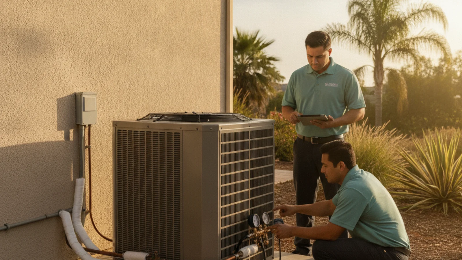 Outdoor condenser unit installed on a concrete pad next to a San Diego home, photo realistic.