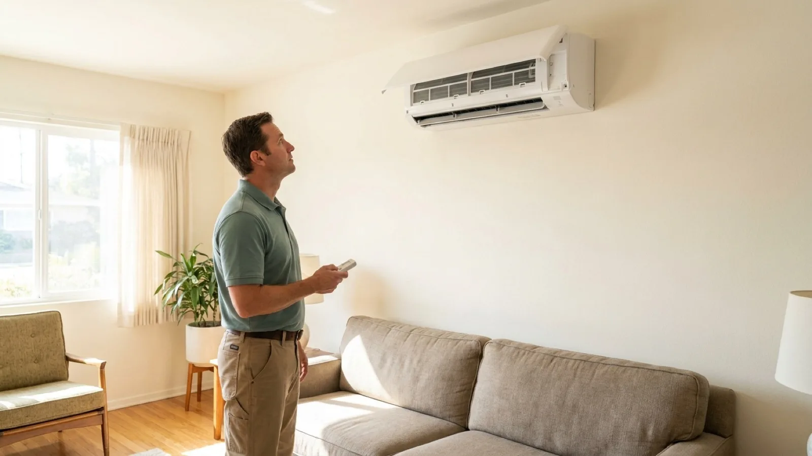 A homeowner uses a remote to test a newly installed wall-mounted mini-split heat pump head in a sunny San Diego living room.
