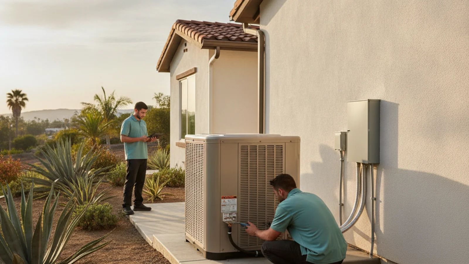 Outdoor heat pump unit installed at the side of a San Diego home