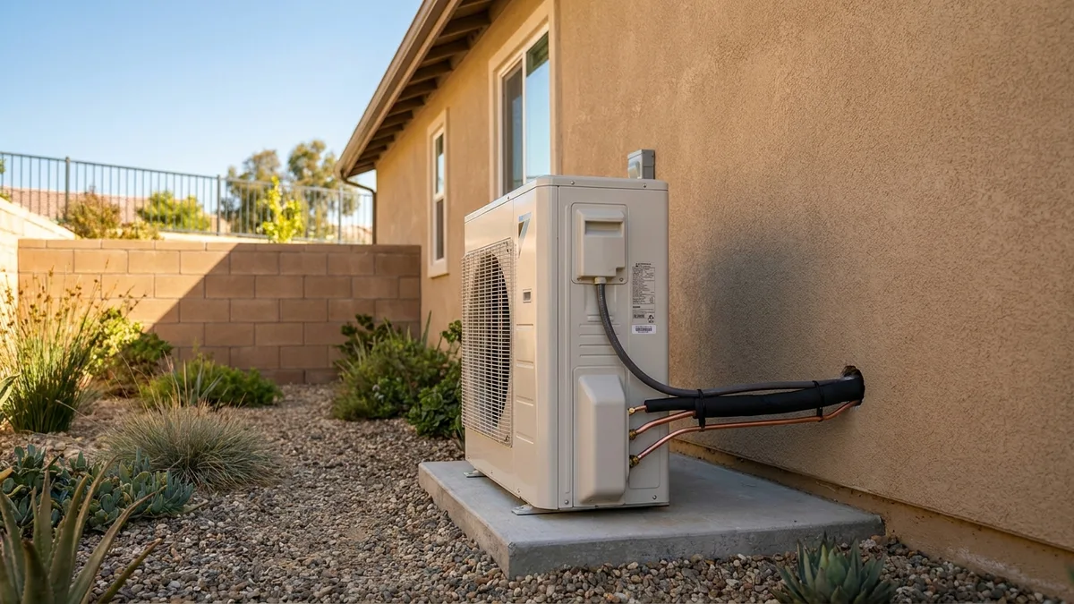 Outdoor condenser unit beside a San Diego home, the outdoor half of a split system