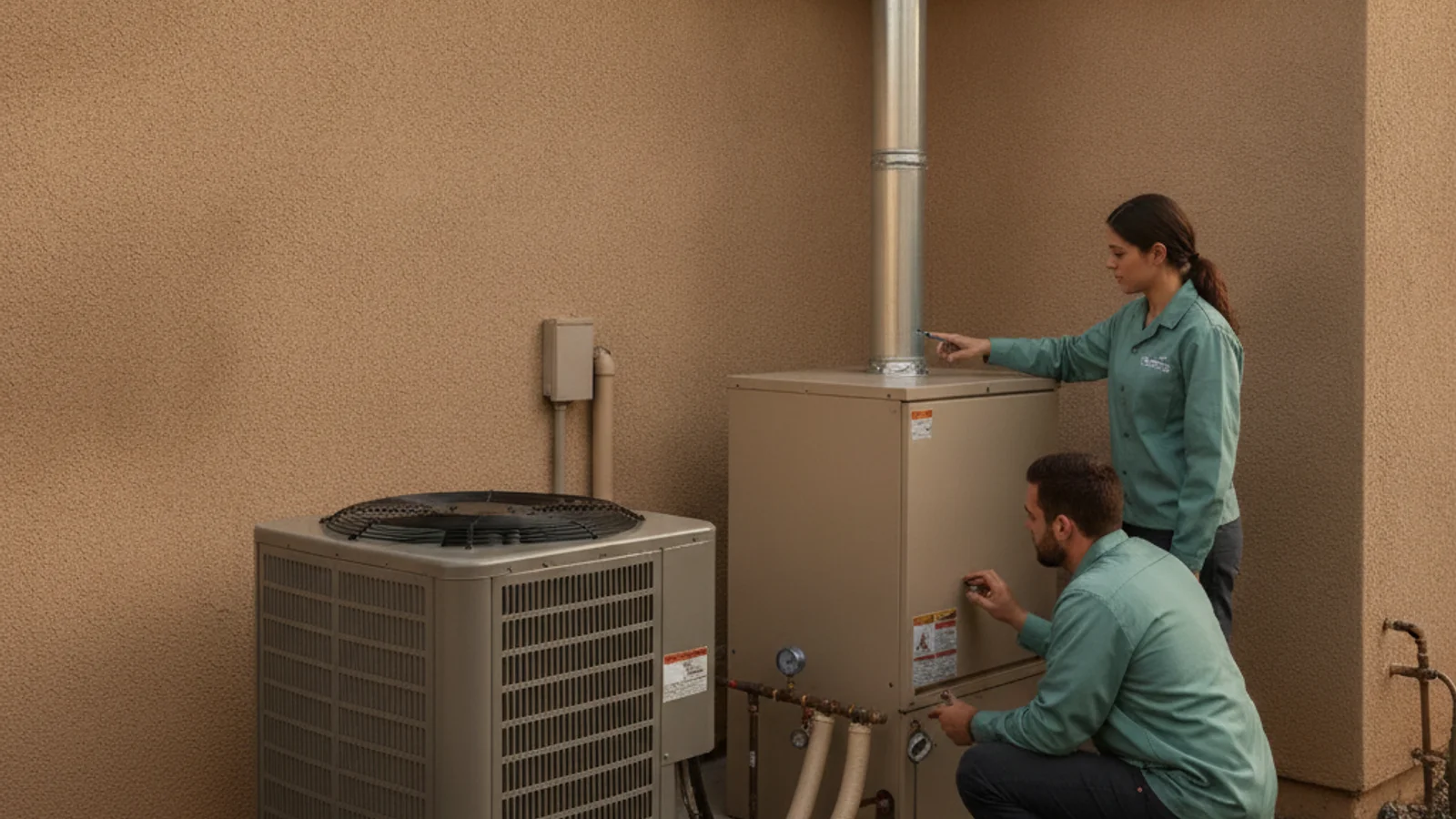 Side-by-side view of an outdoor AC condenser and a residential gas furnace installed at a San Diego home