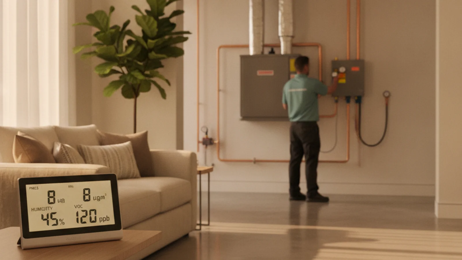 Indoor air quality monitor displaying particulate, humidity, and VOC readings in a San Diego home