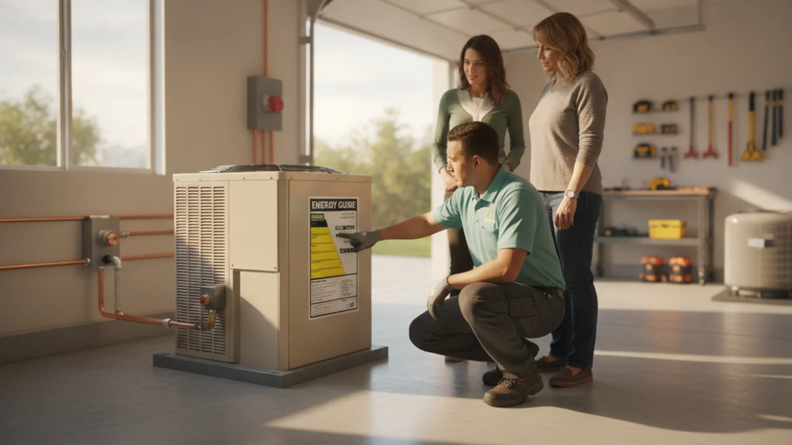 Energy guide label on a new central air conditioning unit showing SEER2 rating