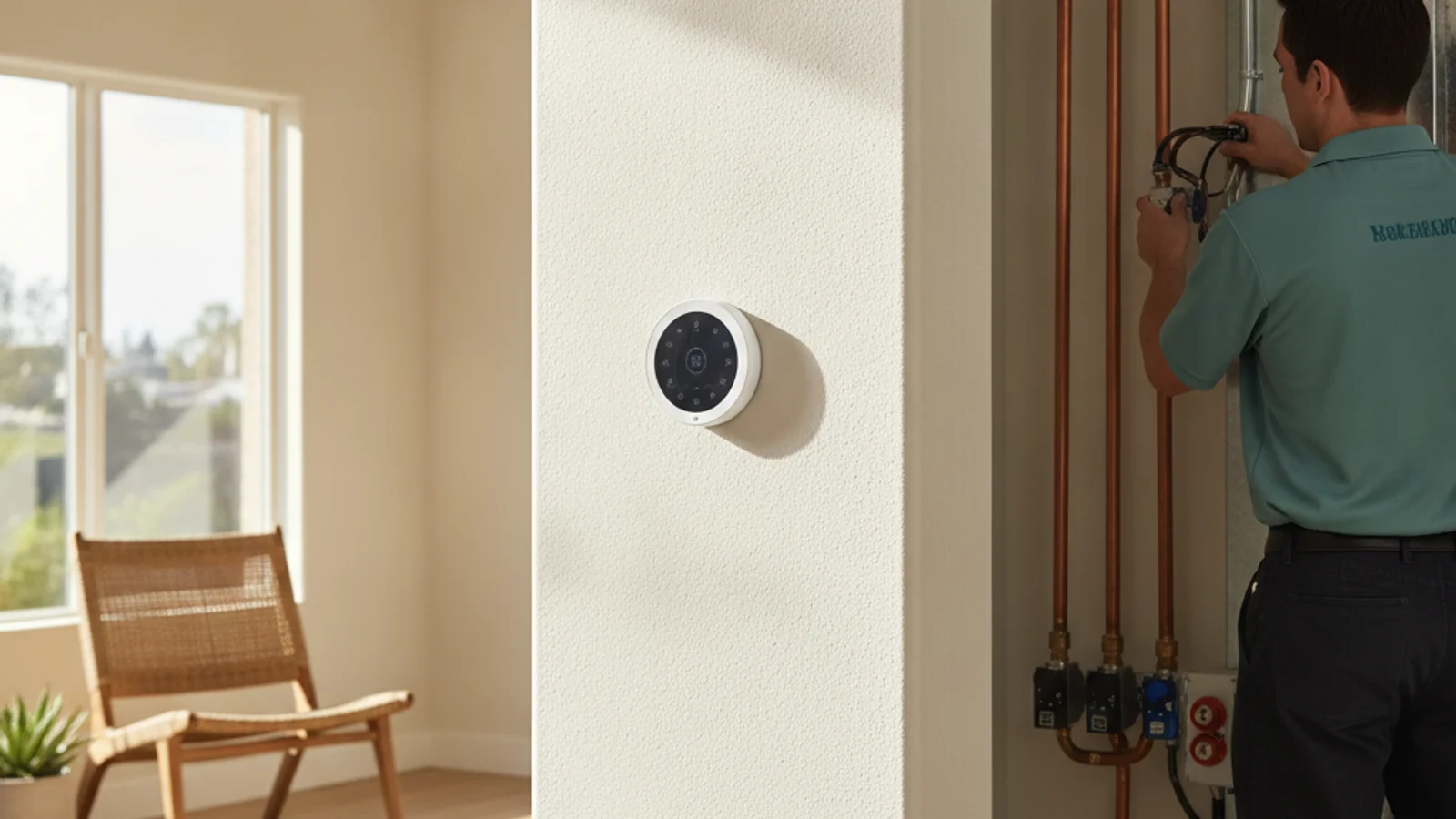 Smart thermostat on a San Diego home wall, photo realistic.