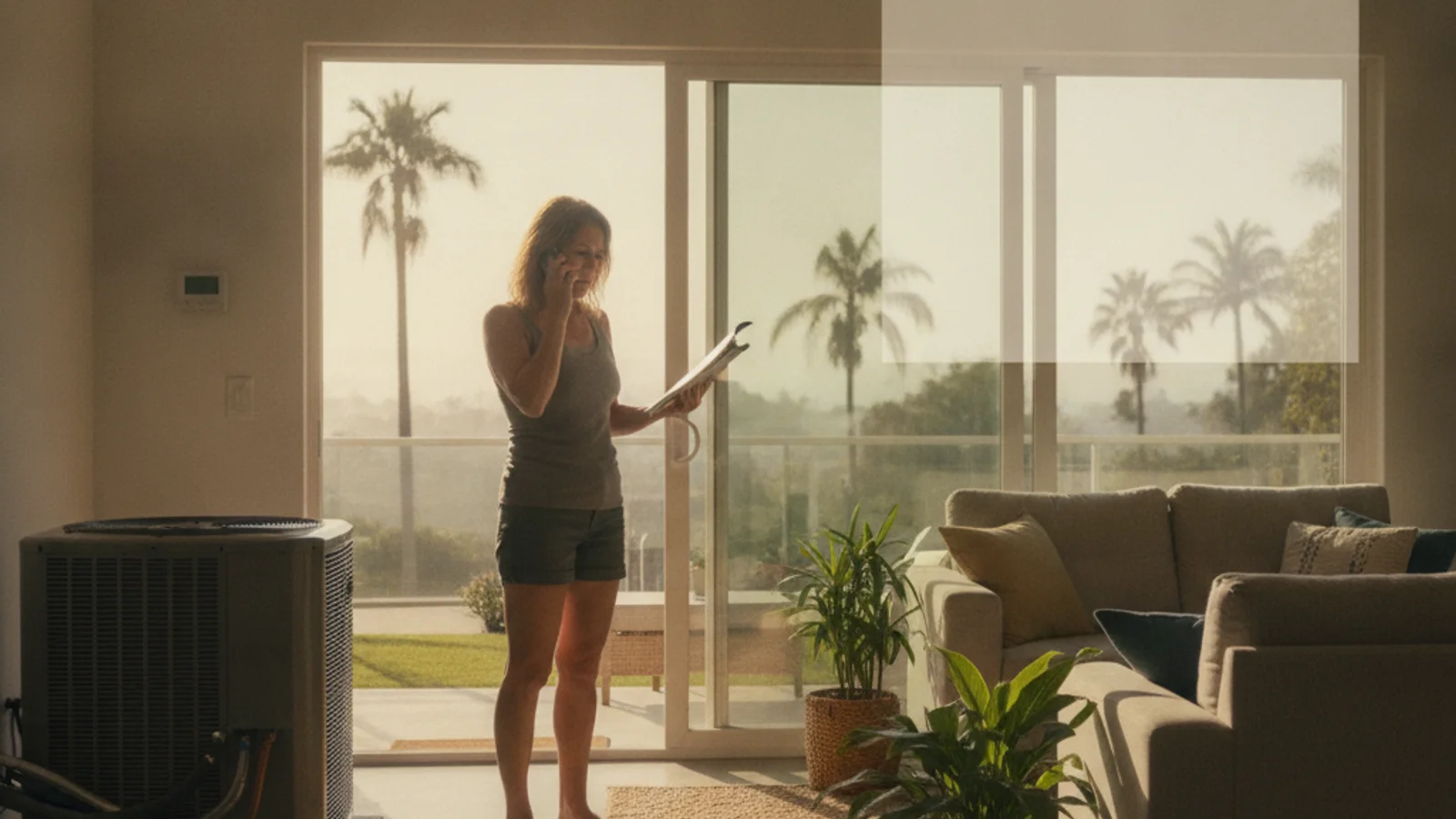 A San Diego homeowner on the phone deciding who to call for AC repair on a hot afternoon.
