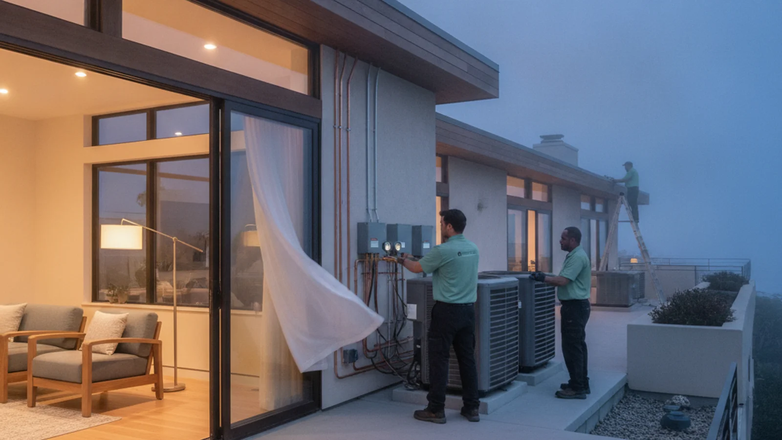 Coastal San Diego home with open windows at dusk, cooled by marine layer air