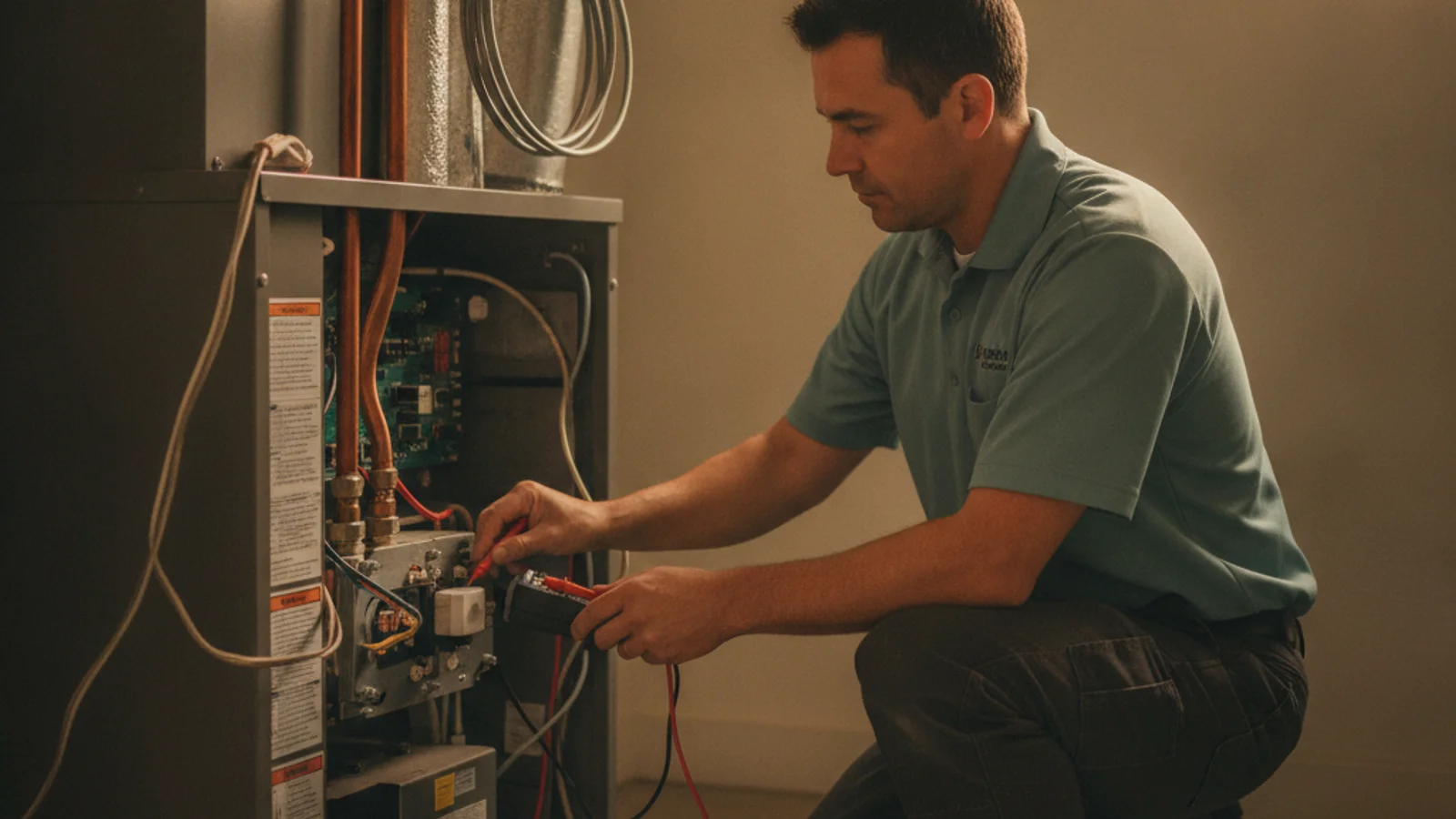 HVAC technician using a multimeter to test ignition components on a gas furnace