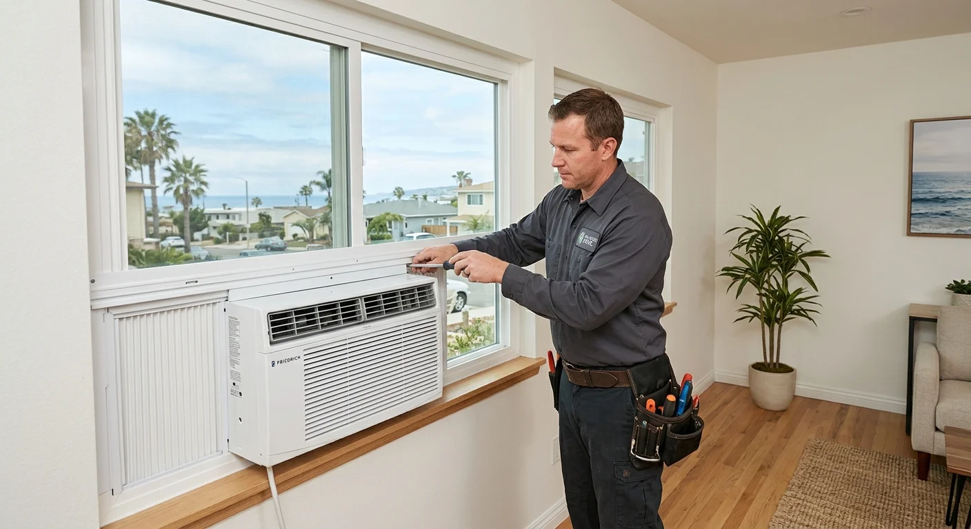 Window air conditioner mounted in a bright San Diego apartment