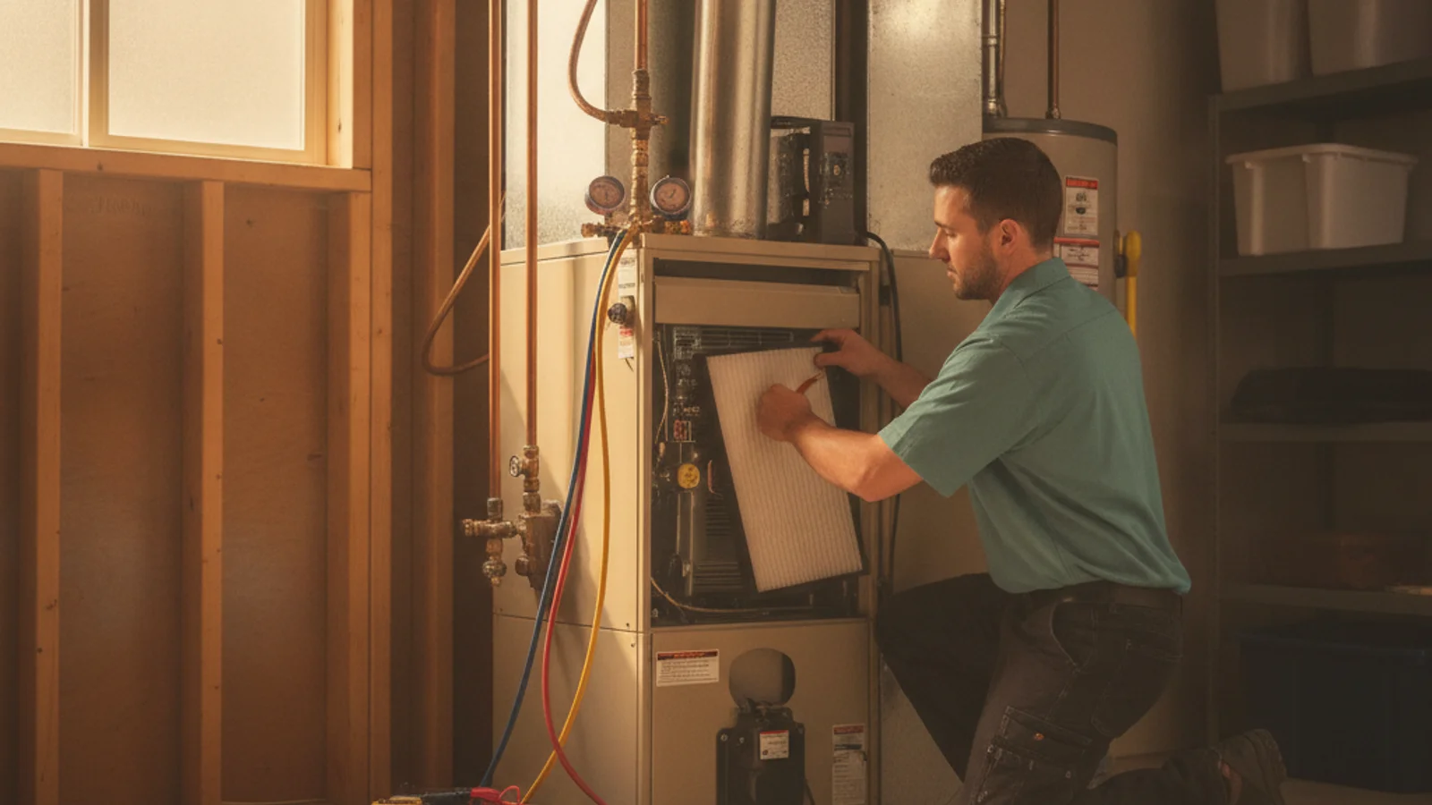 HVAC technician servicing a residential gas furnace during a winter heating system check
