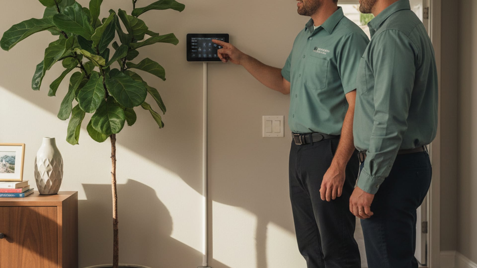 HVAC technician showing a homeowner thermostat settings on a smart thermostat inside a warm well-lit San Diego home