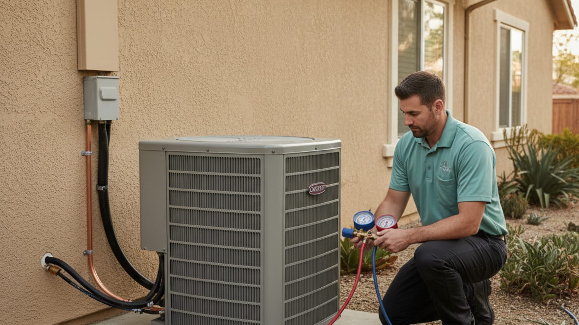 HVAC technician servicing an outdoor AC condenser unit beside a San Diego home in warm afternoon light