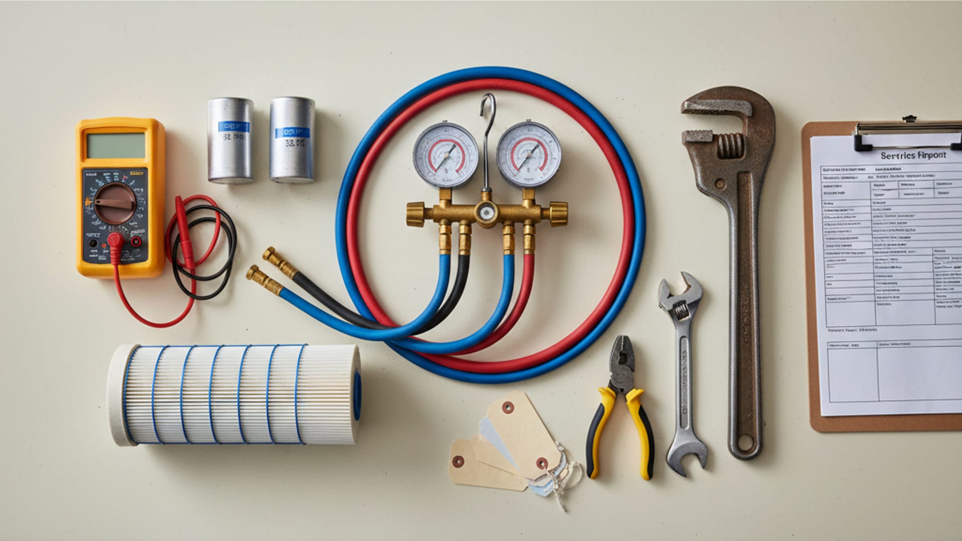 Overhead flat-lay of professional HVAC service equipment including refrigerant gauges, multimeter, capacitors, and tools on a clean work surface