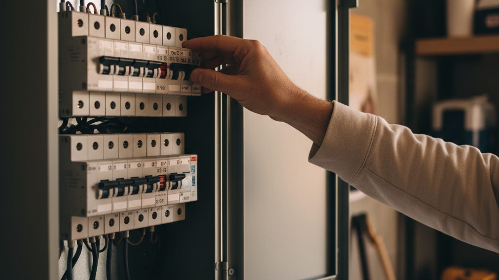 A homeowner's hand flipping a double-pole AC circuit breaker at a residential main panel to reset it after a trip