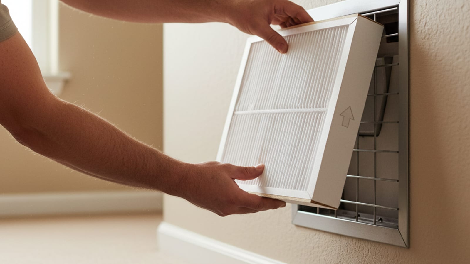 Close-up of a homeowner sliding a fresh pleated HVAC air filter into the return grille of a San Diego home