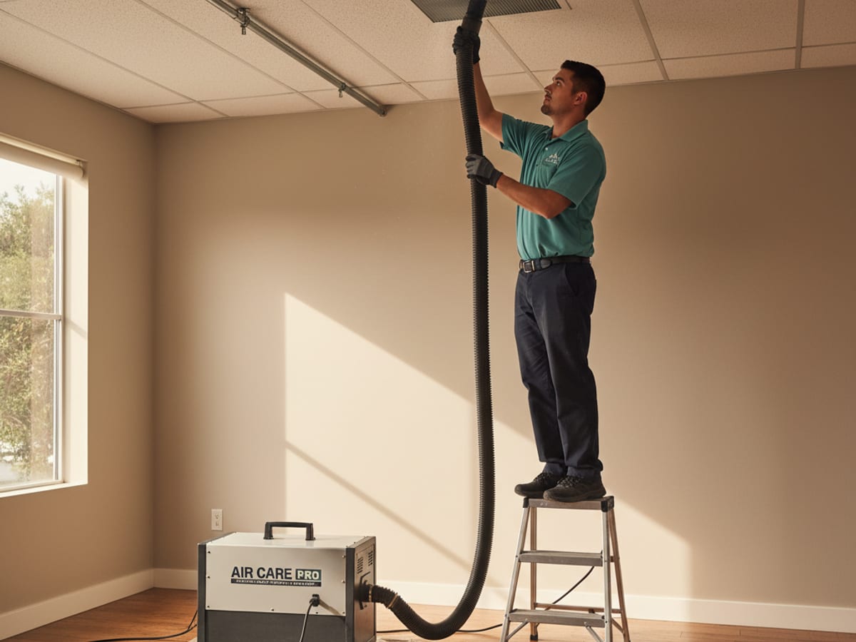 HVAC technician running a negative-pressure vacuum hose into a ceiling register for duct cleaning