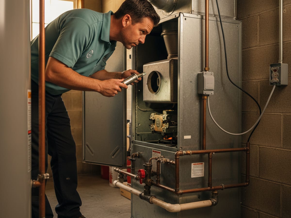 Service technician inspecting a gas furnace heat exchanger with flashlight and inspection camera