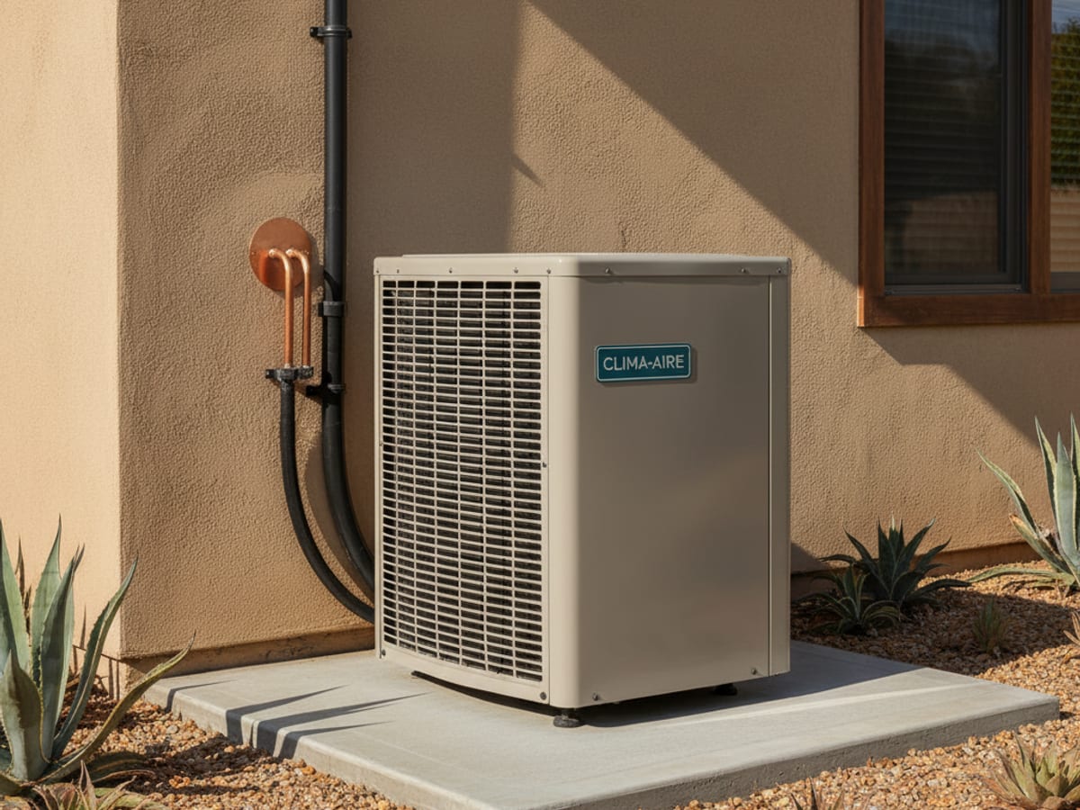 Side-discharge heat pump condenser installed behind a San Diego home