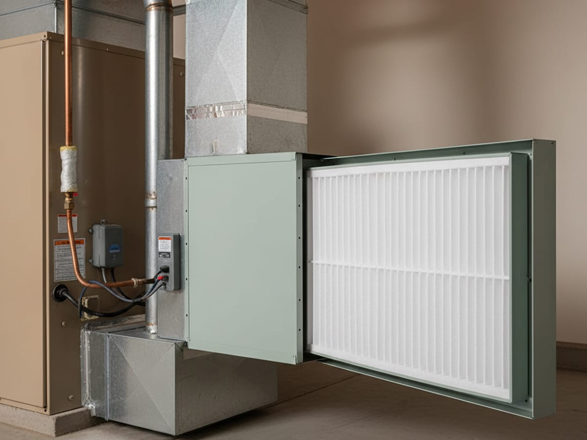 Whole-home media filter cabinet installed on a horizontal furnace in a San Diego garage