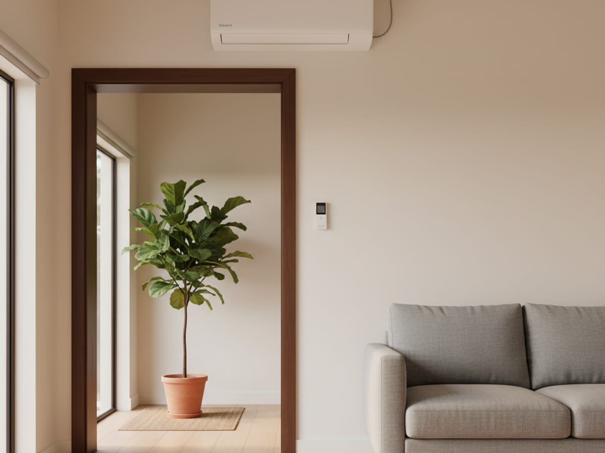 Wall-mounted ductless mini split indoor head above a living room doorway