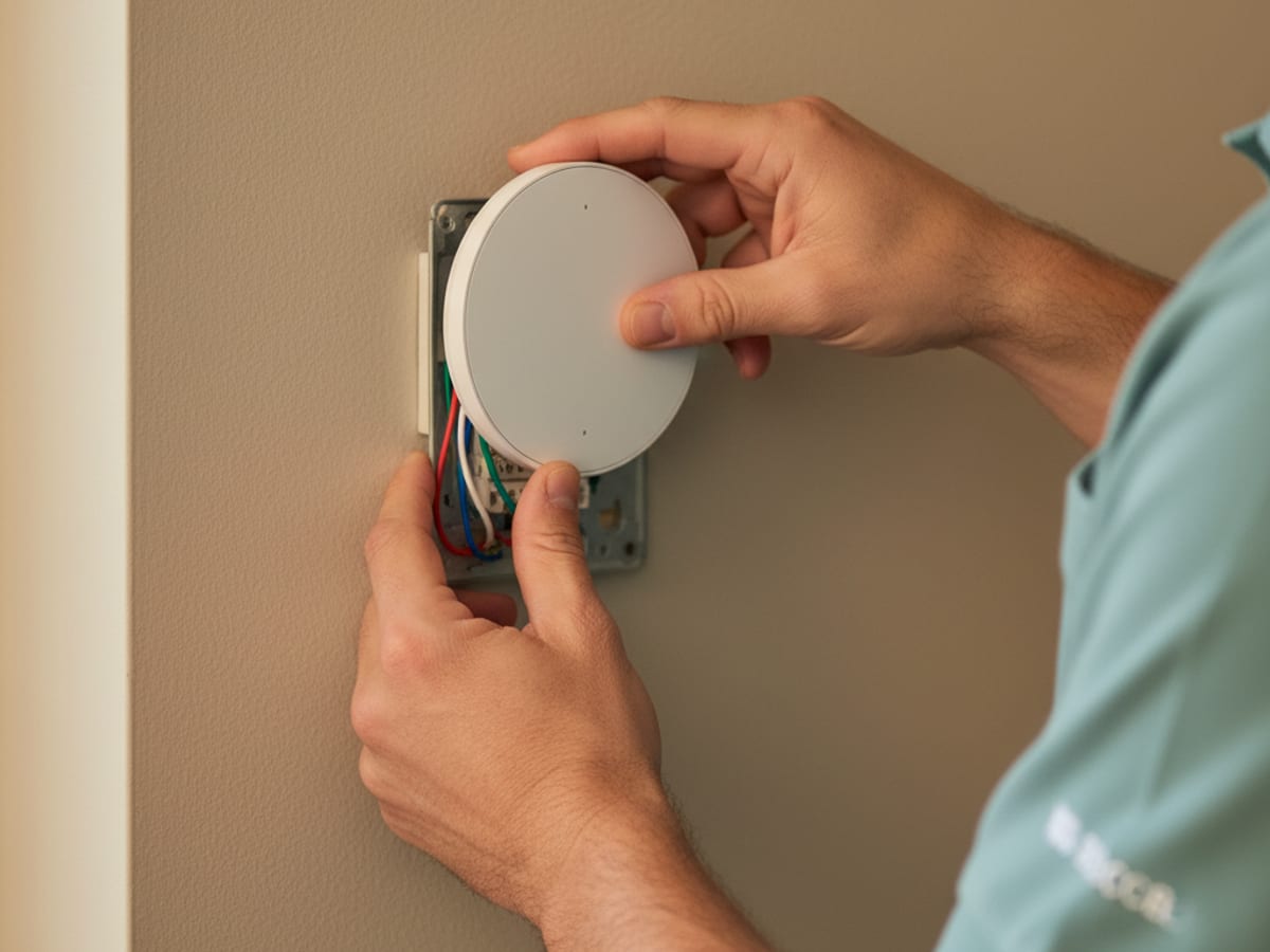 Smart thermostat installed on a living room wall with the app shown on a phone beside it